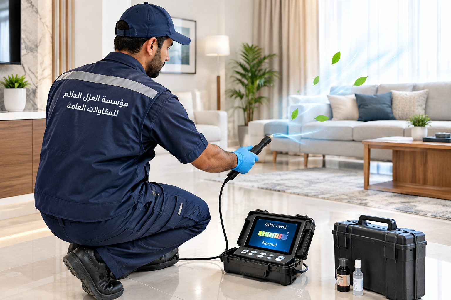 خبير يقوم بعملية كشف ازالة الروائح الكريهة بالمنزل باستخدام اجهزة حديثة