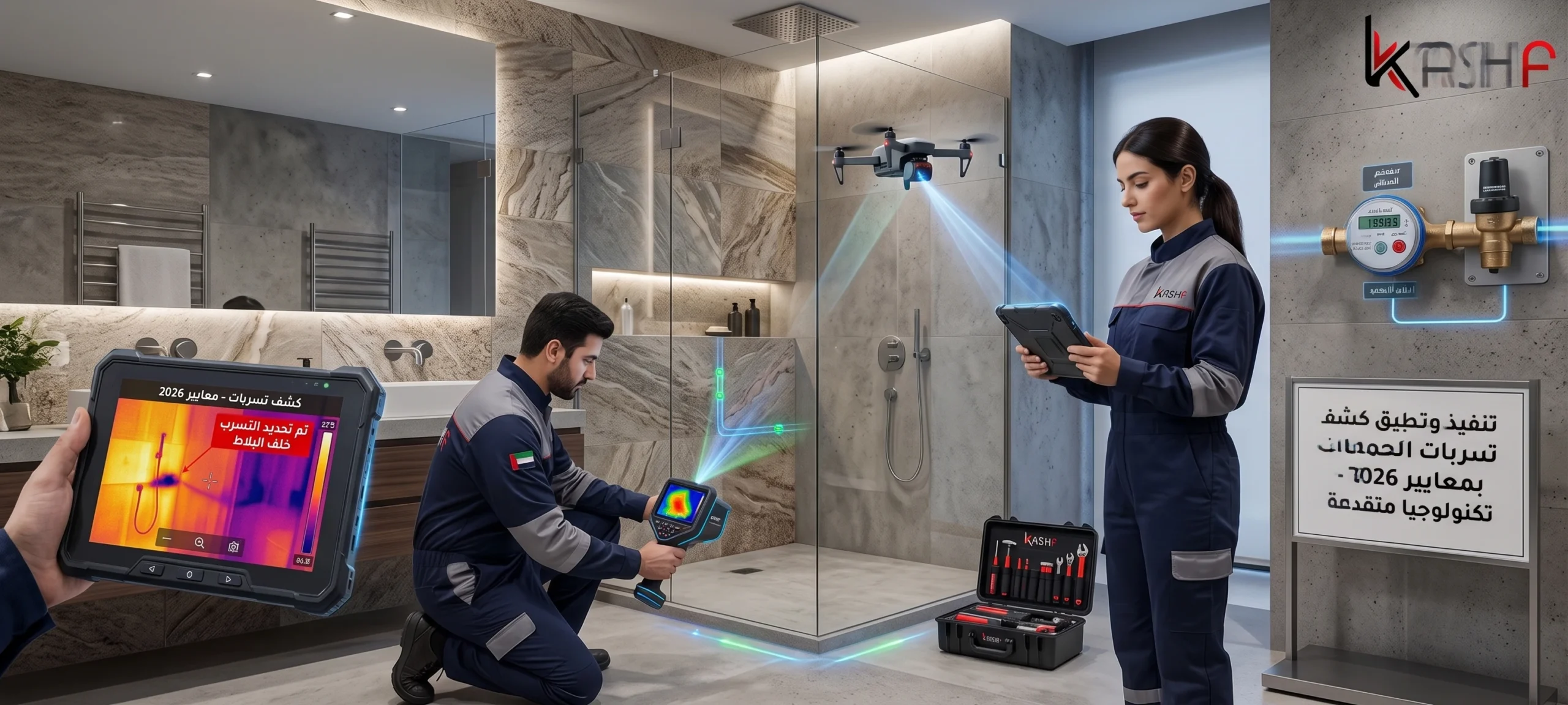 صورة توضيحية لعملية كشف تسربات الحمامات بالرياض باستخدام أحدث التقنيات